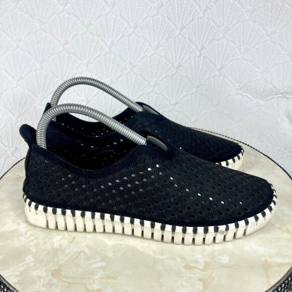 Ilse Jacobsen Black Laser-Cut Slip-On Sneakers with White Sole Trim